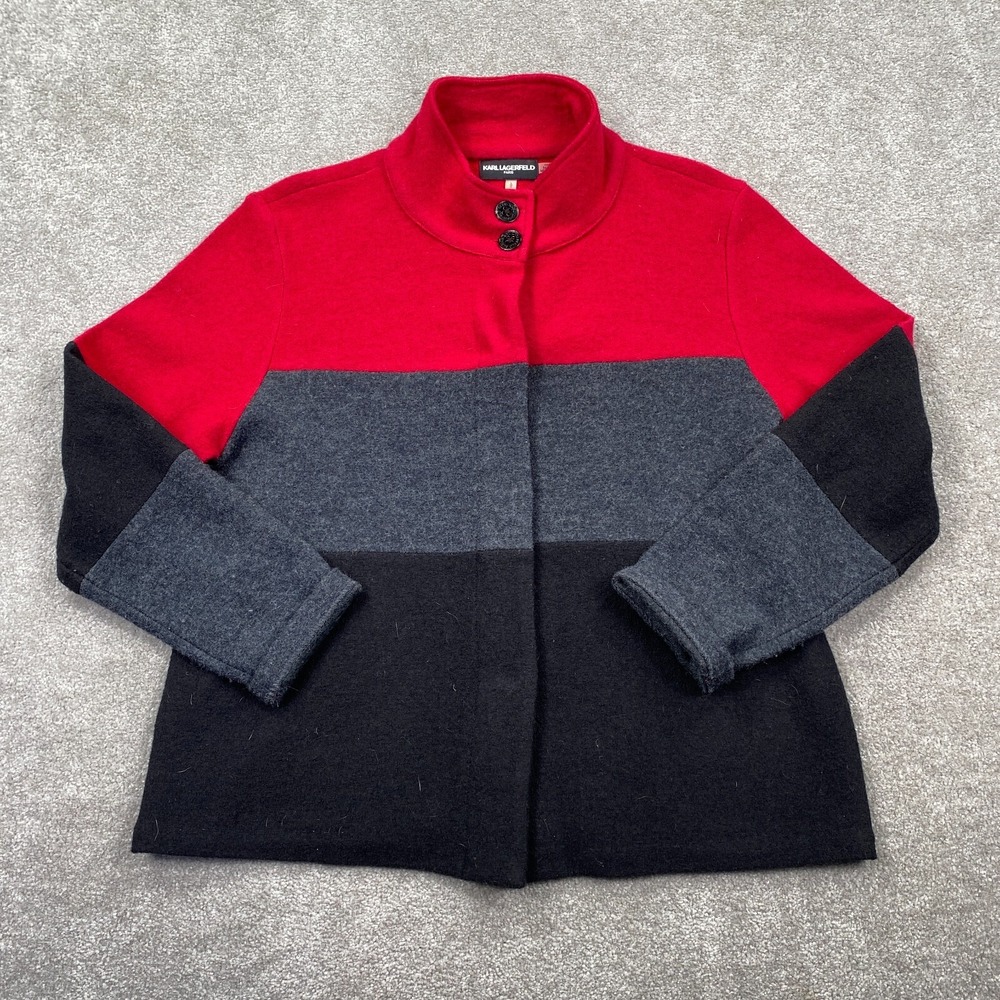 Karl Lagerfeld Boiled Wool Jacket Women Size L Red Colorblock Snap Front